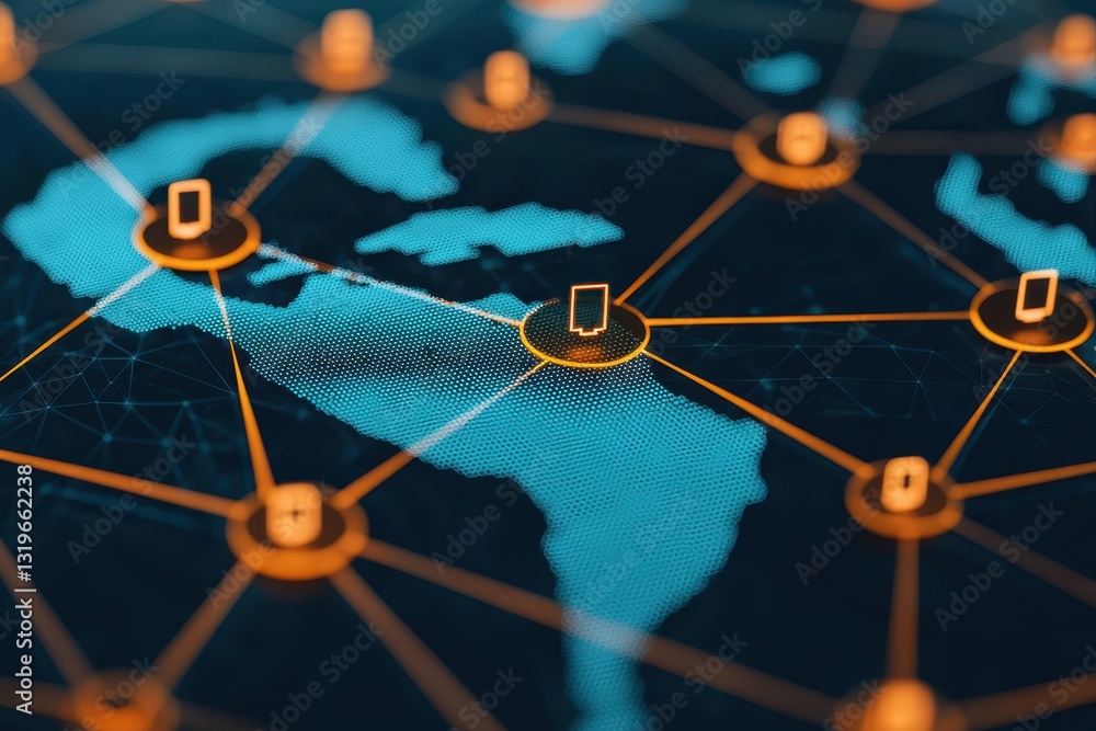 Poster business and commerce expansion. digital world map with network connections and icons representing c