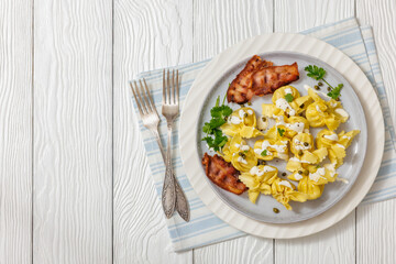 sacchettoni, pasta with bacon and cheese filling