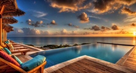 Fototapeta premium Oceanfront Relaxation: An infinity pool merges with the sea under a vibrant sunset sky, deck chairs awaiting.