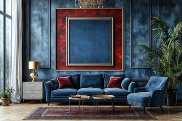 Luxury Blue Velvet Living Room Interior with Ornate Frame and Gold Accents Mockup