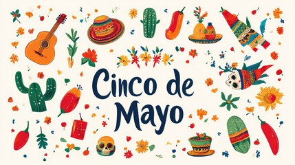 Fototapeta premium Cinco de Mayo celebration in Mexico with traditional symbols on a white background. Template with pinata, food, sombrero, tequila, cactus, flag, guitar, flowers, skull, and red pepper. Invitation