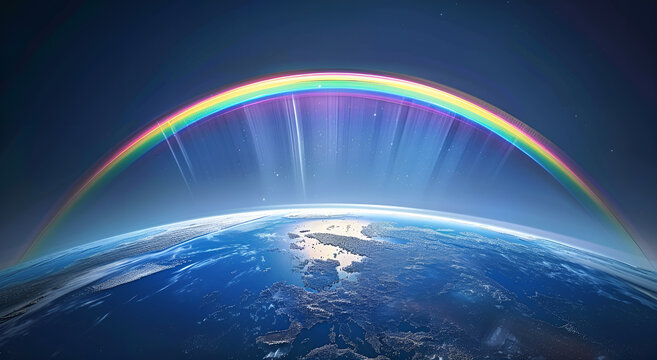 Tęcza nad Ziemią widzianą z kosmosu, efektowna ilustracja atmosferycznego zjawiska na tle planety