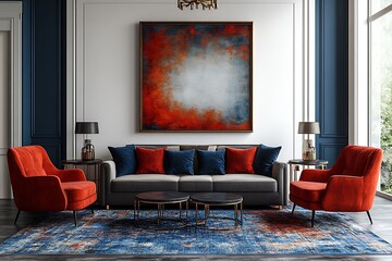 Luxurious Living Room Interior Design with Red Velvet Armchairs, Abstract Artwork