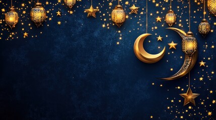 Ramadan Mubarak: Festive Golden Crescent Moon, Stars, and Lanterns