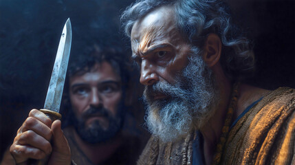 Close up of dramatic scene.
Abraham raising a knife, prepared to sacrifice Isaac.
Biblical event Israel history symbolizing Jesus Christ.