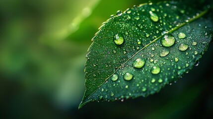 A leaf with water droplets on it. The droplets are small and scattered, giving the leaf a fresh and lively appearance