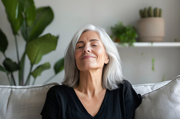 Starsza kobieta z siwymi włosami relaksująca się w domu, spokój i harmonia w domowym wnętrzu