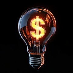 3D lightbulb with dollar sign filament glowing brightly innovation concept