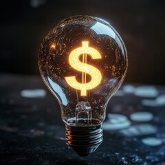 3D lightbulb with dollar sign filament glowing brightly innovation concept