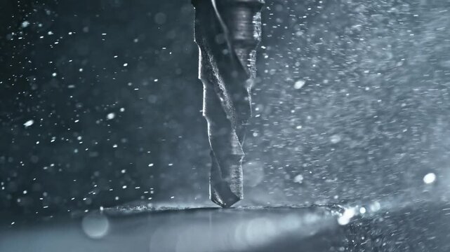 SLO MO LD Drill bit cutting through metal with coolant spray