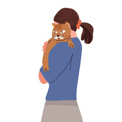 A woman hugging a cat. Girl character of person holding cat on white background. Vector hand drawn illustration isolated on white.