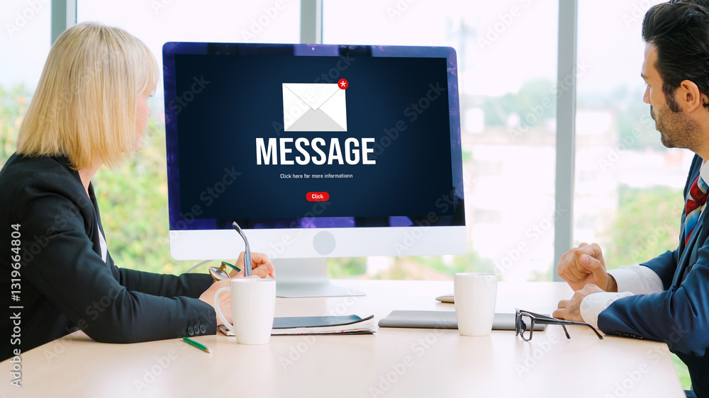 Poster email notification message showing on computer screen snugly. digital marketing message information 