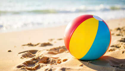 Obraz premium Colorful beach ball resting on sandy shore, summer bliss