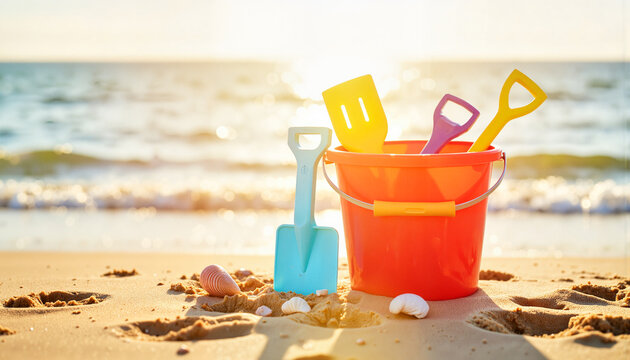 Colorful beach bucket and spade set on sunlit sandy beach, summer fun