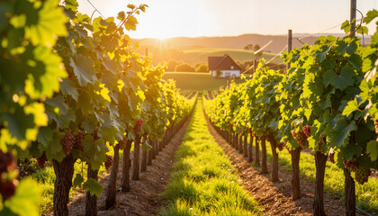 Naklejka premium Picturesque vineyard with ripe grapes at sunset, natural beauty