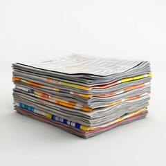 Realistic 3D stack of stock market newspapers on white background