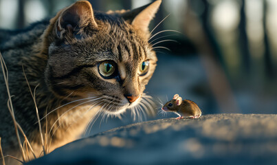 A cat and a small mouse face each other outdoors. The cat&rsquo;s green eyes focus sharply, while the mouse stands still on a textured surface.