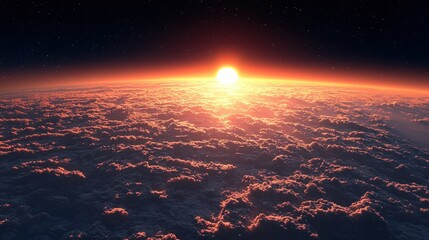 Fototapeta premium Fiery sunset above a boundless cloud sea from space