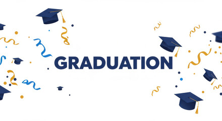 Graduation celebration banner with "Congratulations" text, flying caps, and festive blue and gold accents