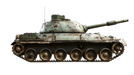 Classic Soviet-era tank with worn-out green camouflage, rugged design, and a powerful turret, evoking a Cold War aesthetic.
