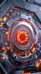 Fototapeta premium A close-up of a high-tech circular interface featuring glowing orange lights against a dark, intricate background.