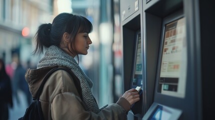 Young Woman Using an ATM Machine in an Urban Setting