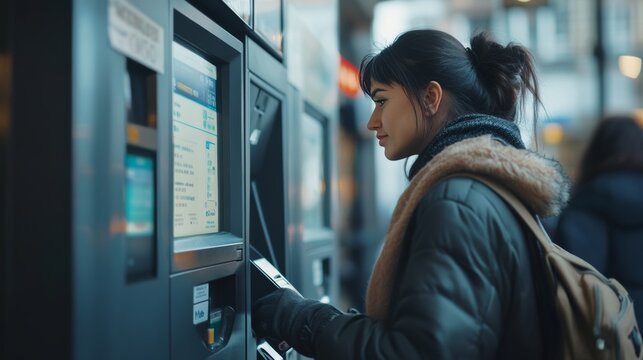 Young Woman Using an ATM Machine in an Urban Setting