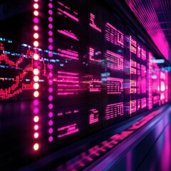 3D stock ticker with scrolling neon glow numbers