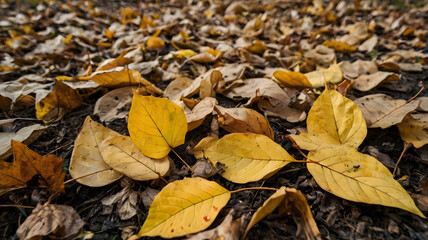 Yellow Autumn Leaves Scattered on the Forest Floor 