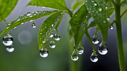 Dewdrops Hanging from the Tips of Green Leaves