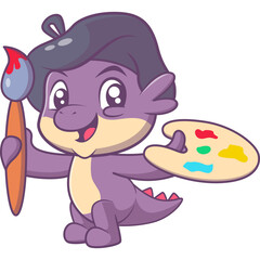 Cute Dragon Artist Cartoon Illustration. Study icon concept. Flat cartoon style