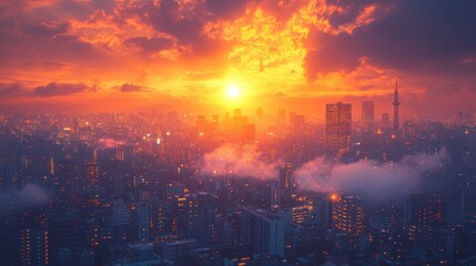 Fototapeta premium Fiery Tokyo Sunset Over Cityscape & Clouds