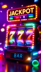 Illustration of a lucky slot machine with jackpot lights and a winning triple 7