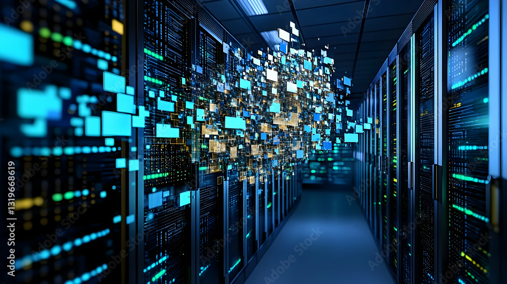 Poster abstract data stream flowing through a modern data center corridor with glowing server racks in blue
