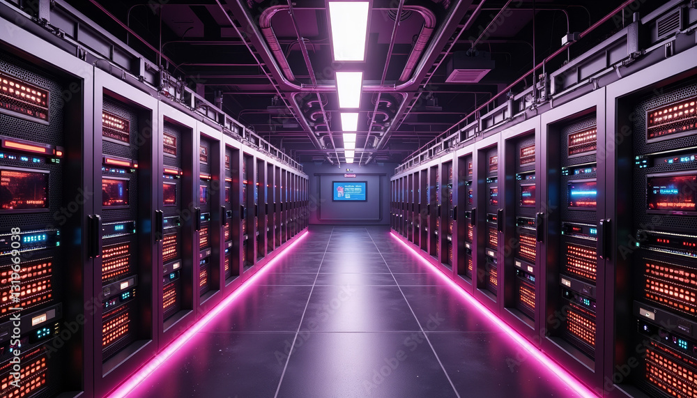 Poster futuristic quantum computing facility with pulsating neon lights, sci-fi concept