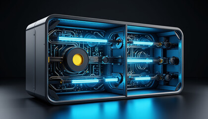 Fototapeta premium Hyper-realistic quantum supercomputer emitting blue and yellow lights, technology
