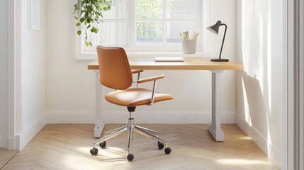Modern workspace featuring an orange chair at a wooden desk with plant and natural light