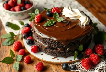 Delicious chocolate cake with creamy frosting, surrounded by fresh berries and leaves on a rustic wooden table.