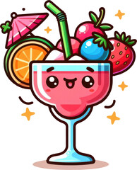 Adorable cartoon illustration of summer drinks - strawberry smoothie, watermelon smoothie, and pink lime smoothie, each with cute expressions. Fun and colorful refreshments.