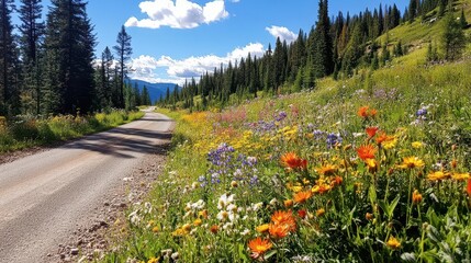 Vibrant Wildflowers Along a Serene Mountain Road in Summer