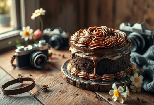Decadent chocolate cake with creamy frosting and intricate designs on a rustic wooden table - Powered by Adobe