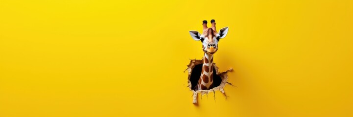 A playful giraffe peeks through a vibrant yellow wall, creating a whimsical and eye-catching visual perfect for creative projects and marketing materials.