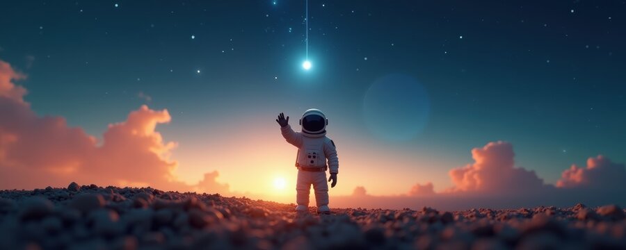 A lone astronaut waves goodbye against a breathtaking cosmic sunset, surrounded by glowing stars and vibrant clouds, evoking a sense of wonder and exploration.