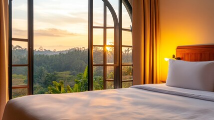 Serene hotel room with a sunset view over lush greenery and mountains, inviting relaxation