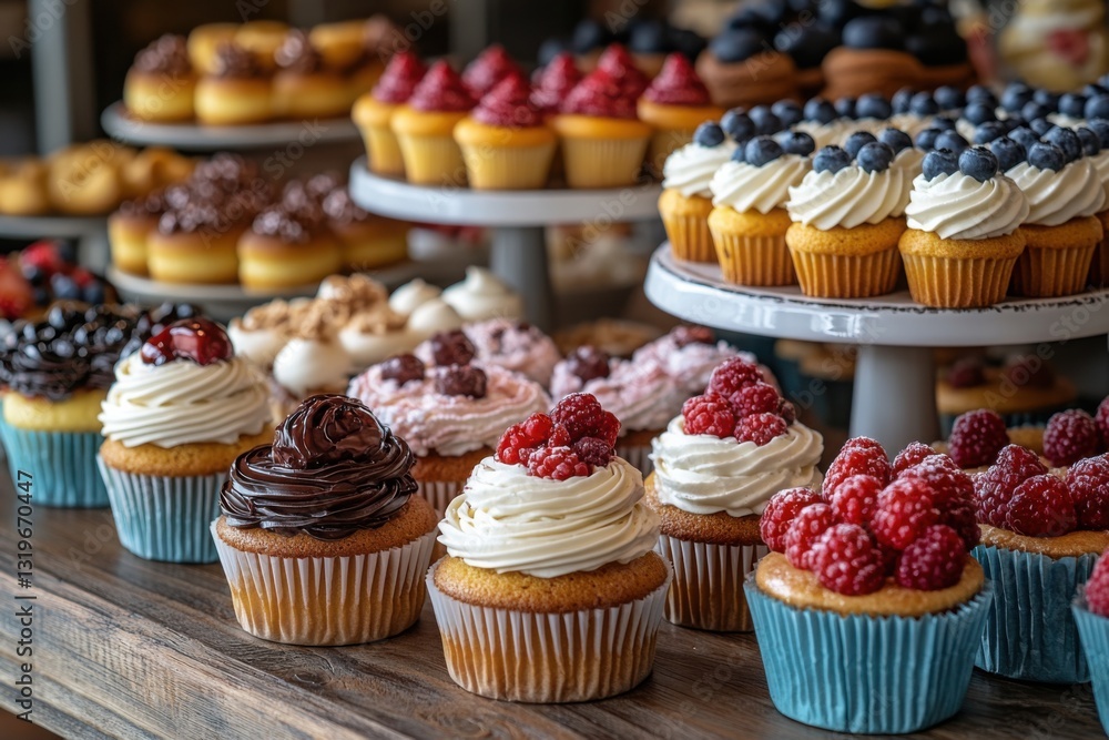 Poster a colorful array of delightful cupcakes each uniquely decorated and arranged on a wooden surface pro