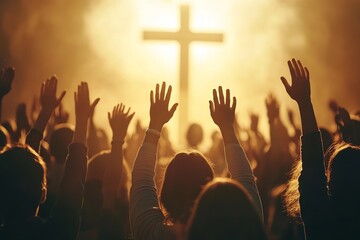 Uplifted Silhouettes: A Powerful Image of Worshipping People Raising Hands in Praise, Perfect for Faith-Based Designs, Inspirational Posters, and     