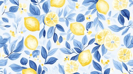 Hand drawn vintage seamless pattern with lemons, flowers and leaves in yellow and blue colors. Line art. Citrus italian print drawing in ink doodle style. Summer vector modern illustration background.