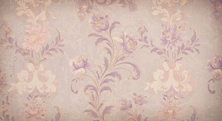 Vintage Floral Wallpaper with Pastel Pink and Purple Flowers - Elegant Damask Pattern for Home Decor and Interior Design.