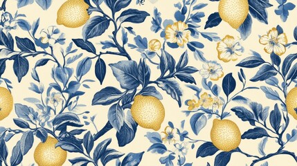 Hand drawn vintage seamless pattern with lemons, flowers and leaves in yellow and blue colors. Line art. Citrus italian print drawing in ink doodle style. Summer vector modern illustration background.