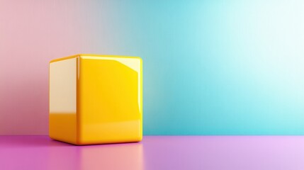 Fototapeta premium The stylish yellow cube rests atop a vivid purple surface against a cool pastel background, inspiring artistic contemplation and adding a touch of modern elegance to any setting.
